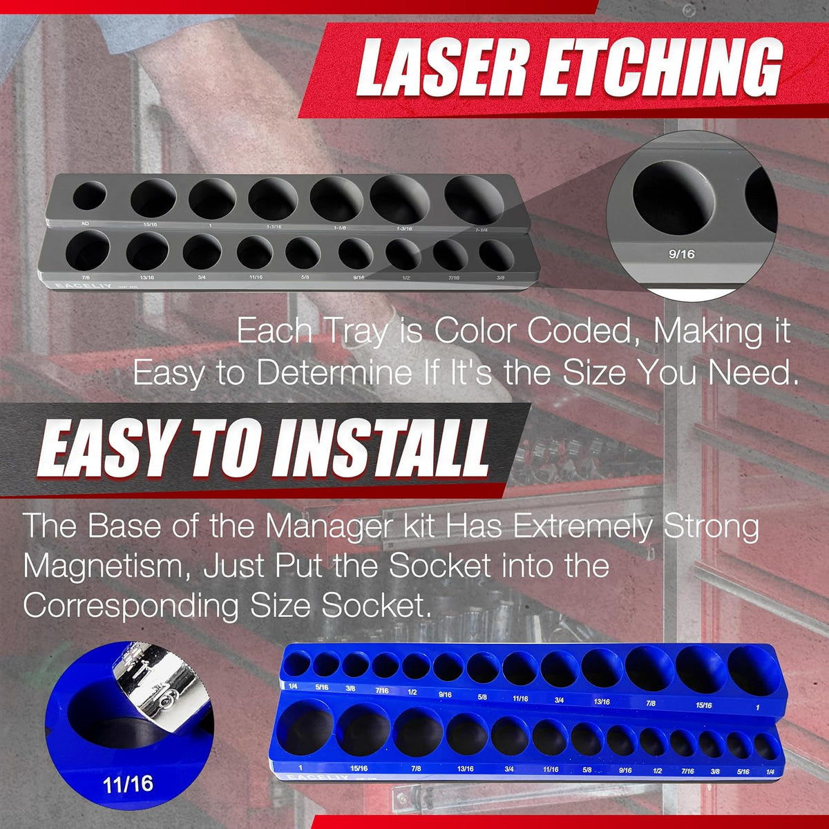 EACELIY Magnetic Socket Organizer Set SAE & Metric Deep & Shallow Socket Holder Kit, Socket Trays (sockets not included) (6PCS 3 COLOR))