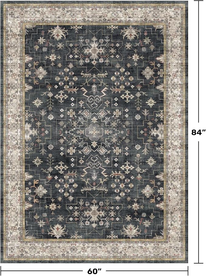 Black Boho Living Room Rug 5x7, Washable Dark Vintage Moody Low Pile Non Slip