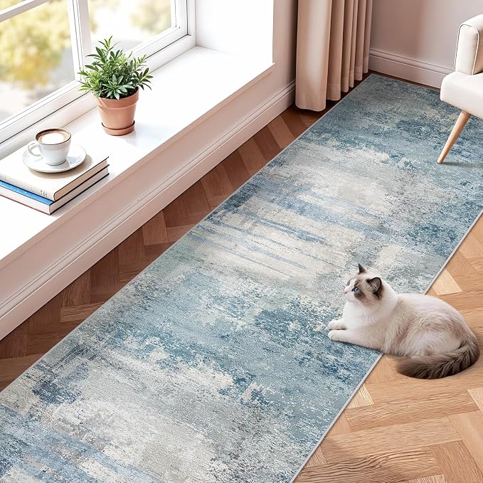 2.6x14 Extra Long Runner Rug Grey Abstract: Washable Non-Slip Carpet