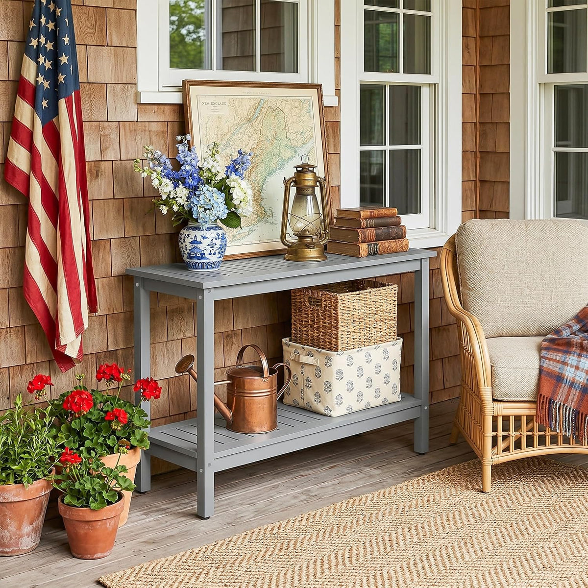 SUPER DEAL 48 inch Outdoor Console Table, 2-Tier Solid Wood Side Table Multifunctional Buffet Bar Storage Organizer with Adjustable Feet for All-Weather Indoor Outdoor Porch, Grey