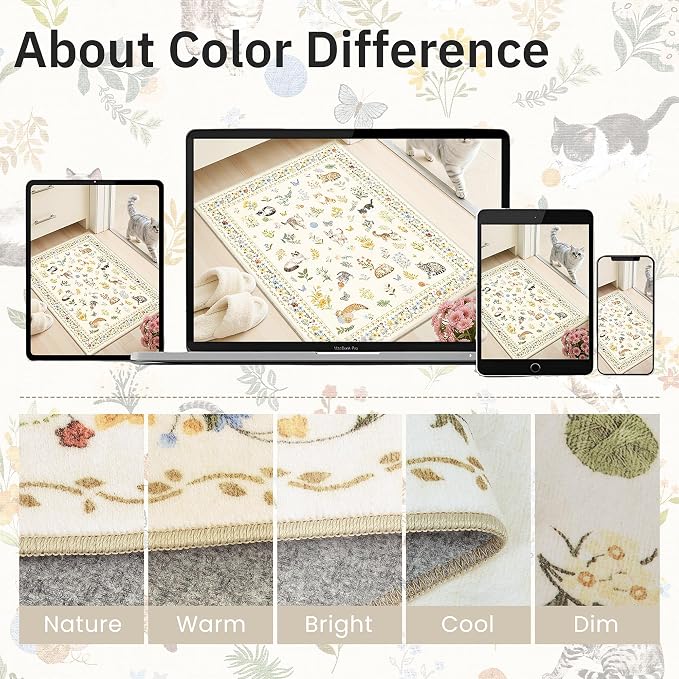 Soalmost Cat 4x6 Area Rugs, Machine Washable Animal Floral Accent Rug Non-Slip