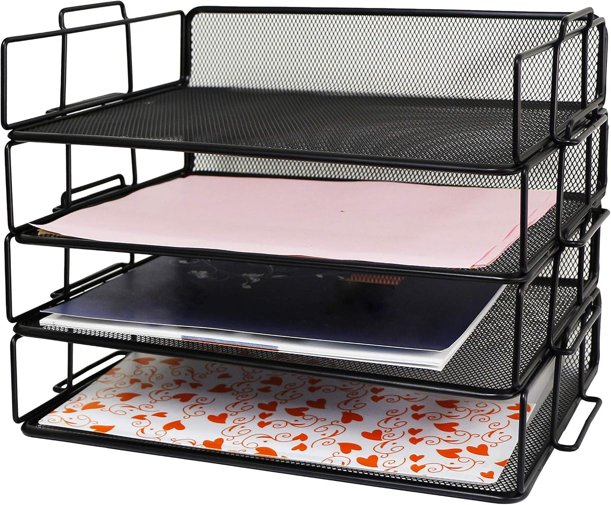 Exerz Letter Trays 4pcs Black Paper Sorters Stackable, 4 Tiers File Trays, Desk Organizer - Metal