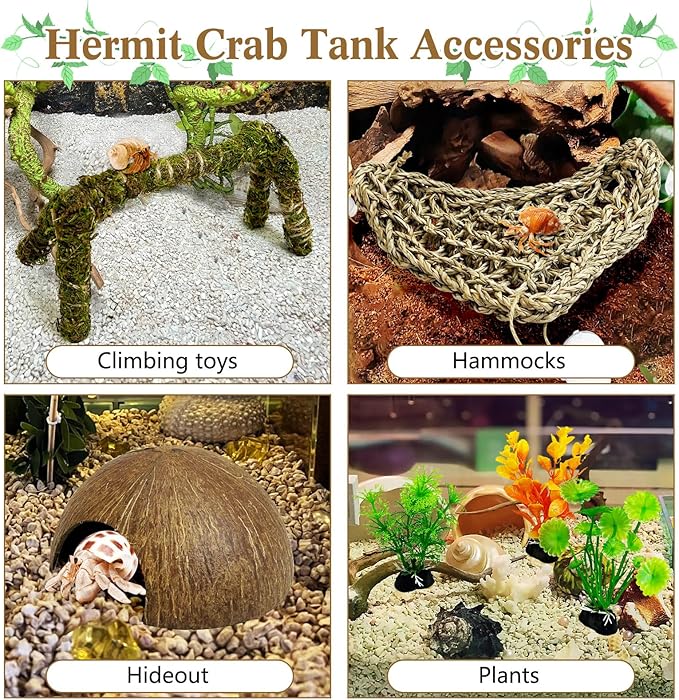 6 PCS Hermit Crab Accessories Set Large Bendable Moss Hermit Crab Climbing Toys Coconut Shell Hut Climbing Hammock with Suction Cup Plastic Plants for Reptile Amphibian