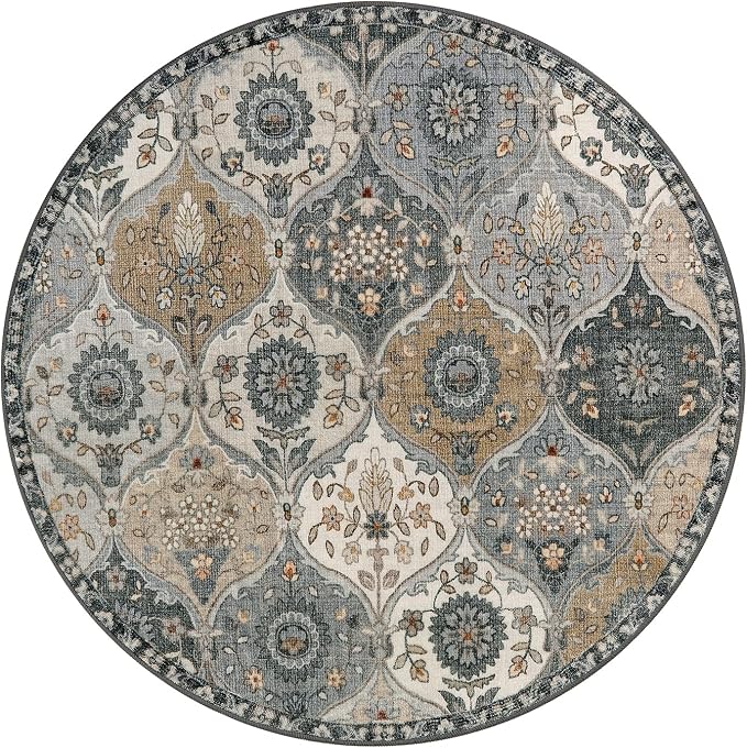 Lahome Moroccan Washable Round Rugs, Soft Vintage Round Rug 4ft, Distress