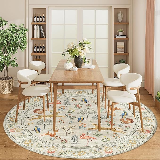 DUKINO 6ft Round Rug for Bedroom, Animal Print Washable Circle Rug