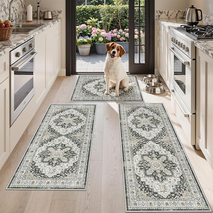 Madane Washable Kitchen Rug Set of 3, Small Area Rug Non-Slip Vintage Entryway