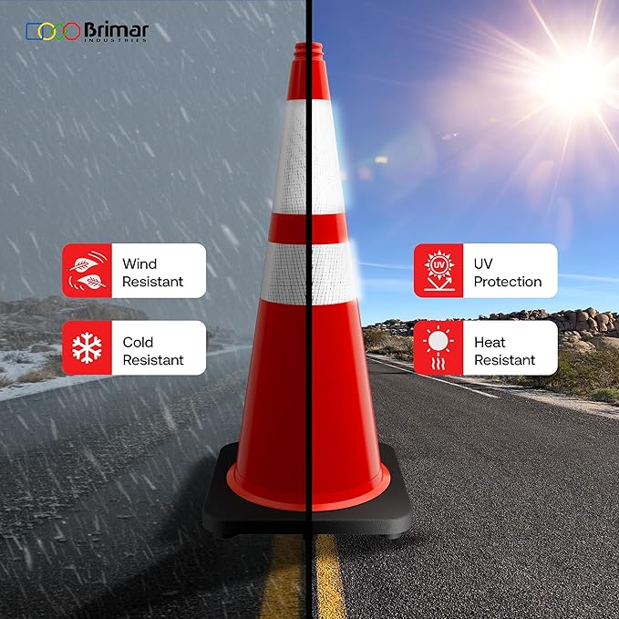 Brimar 28 Inch Traffic Cones, 4 Pack, Orange PVC Safety Cones with Black Base for Construction, Road Parking, MUTCD Approved Traffic Cones with 3M Reflective Bands, Structurally Stable Wearproof