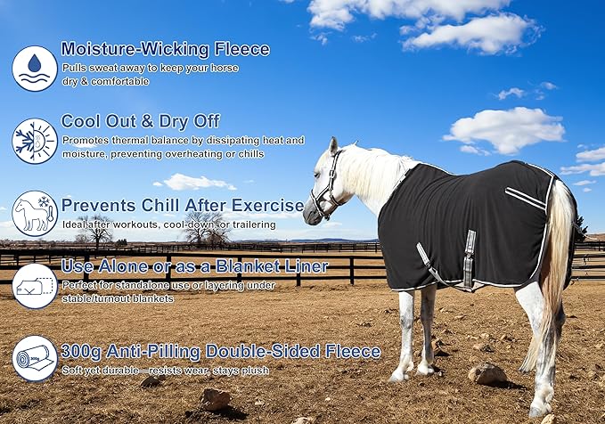 Horse Fleece Cooler, Blanket Liner - 300g Anti-Pilling Fleece, Moisture-Wicking, Cooling & Drying for Post-Workout, Bath & Travel, Prevent Overheating & Chilling Black 66