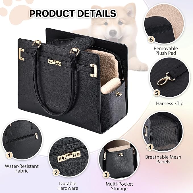Dog Purse Carrier for Small Dogs, Stylish Foldable Pet Carrier Purse Tote Bag with Washable Cushion & Safety Leash, Airline Approved Puppy Travel Bag with Pockets (Black)