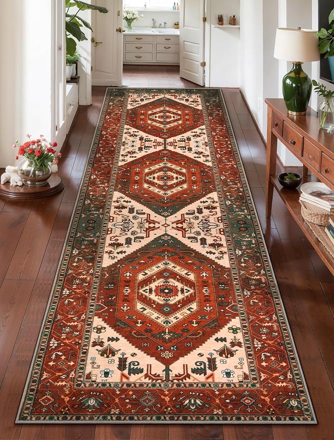 SERISSA Runner Rug for Hallways, Long Boho Rug Vintage Terracotta Green Hallway