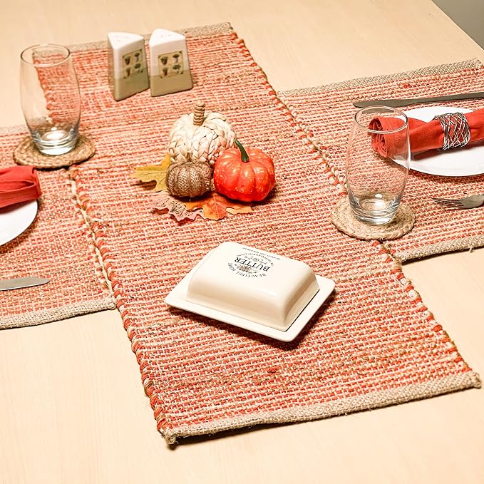 Natural Jute Table Runner, 13x48 Inch, Rust Orange | Vintage Boho Rustic Table