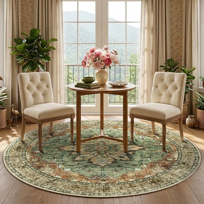 RELEANY Area Rugs Round 5ft Washable Non-Slip, Floral Vintage Distress