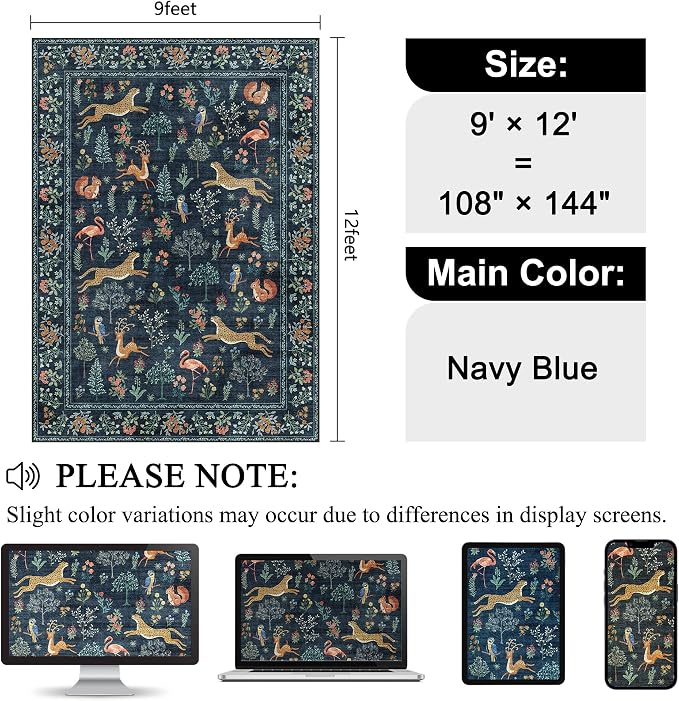 DUKINO 9x12 Rug, Washable Animal Living Room Rug