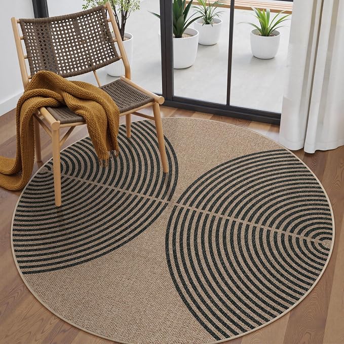 Lahome Enfys Modern Rainbow Round Rug, 6ft Easy Jute Circle Patio Rug Washable