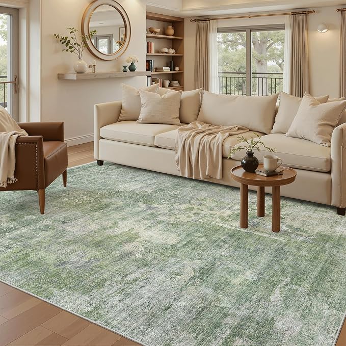 Soalmost Abstract Rug 5x7 Machine Washable Area Indoor Green Low Pile Non-Slip