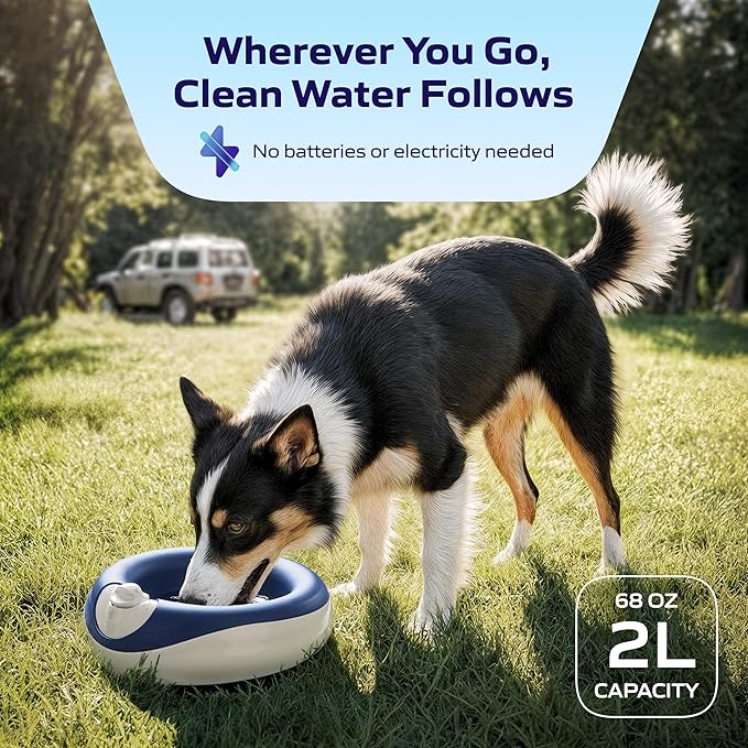 Filtered Portable Dog Water Dispenser [Upgraded 2026], 2L / 68oz, Automatic Pet Water Dispenser Noise-Free No Spill Water Bowl for Dogs, No Power Needed, Ideal for Medium & Large Pets
