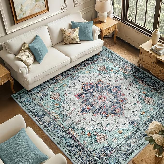RELEANY Area Rugs Square 6ft Washable Non-Slip, Floral Vintage Distress