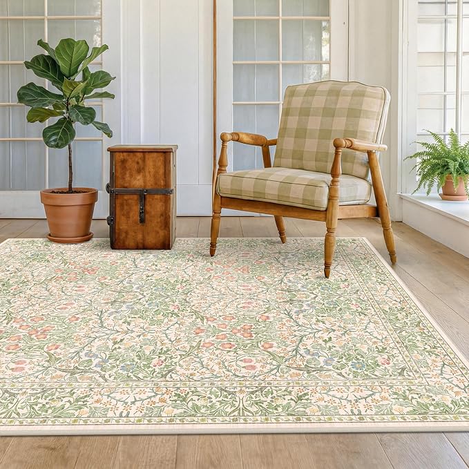 Beige Green 4x6 Washable Area Rug