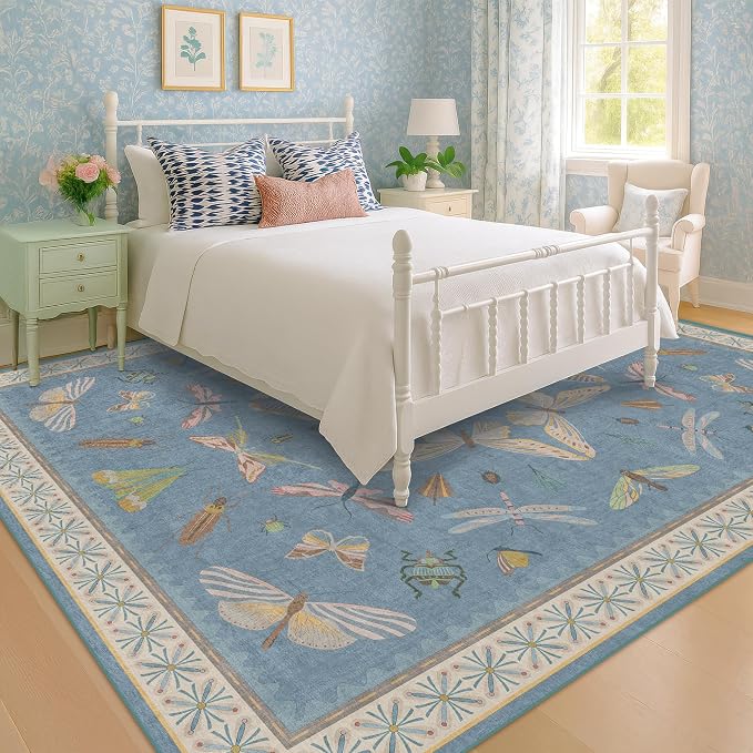 Washable Living Room Rug 8x10, Dusty Blue Area Rugs