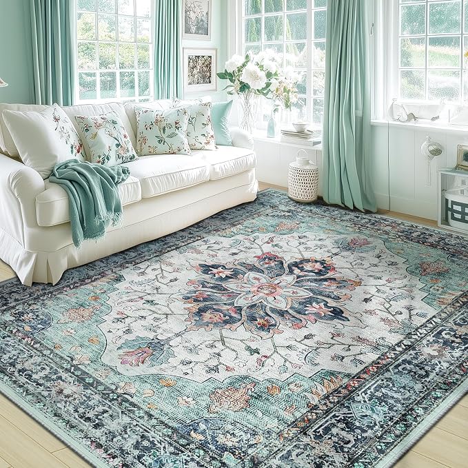 RELEANY Area Rugs 5'x7' Washable Non-Slip, Floral Vintage Distress Medallion