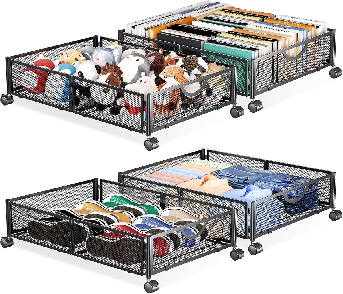 Yecaye Under Bed Storage with Wheels, 4 Pack Under Bed Shoe Storage, Black