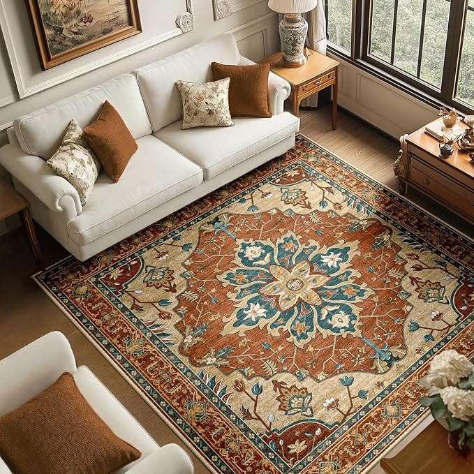 RELEANY Area Rugs Square 6ft Washable Non-Slip, Floral Vintage Distress