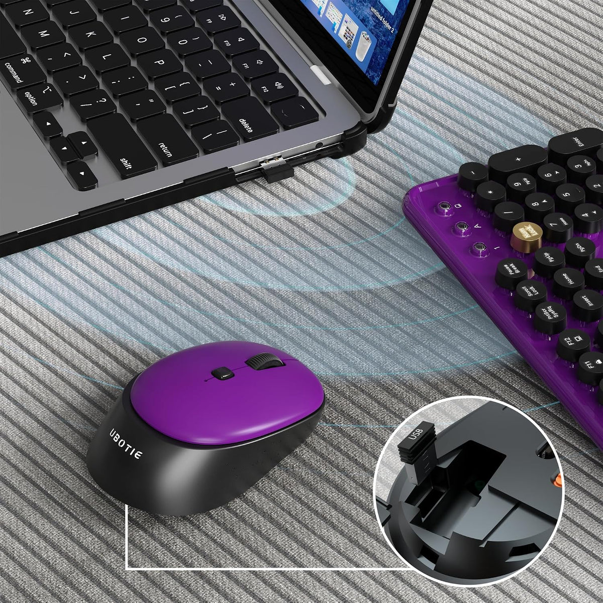 Colorful Wireless Computer Keyboards Mouse Combos (Black Purple)