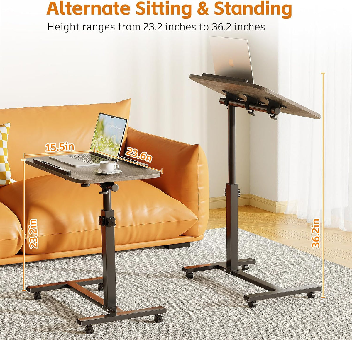 Height-Adjustable Rolling Overbed Laptop Table with Wheels for Bed & Couch