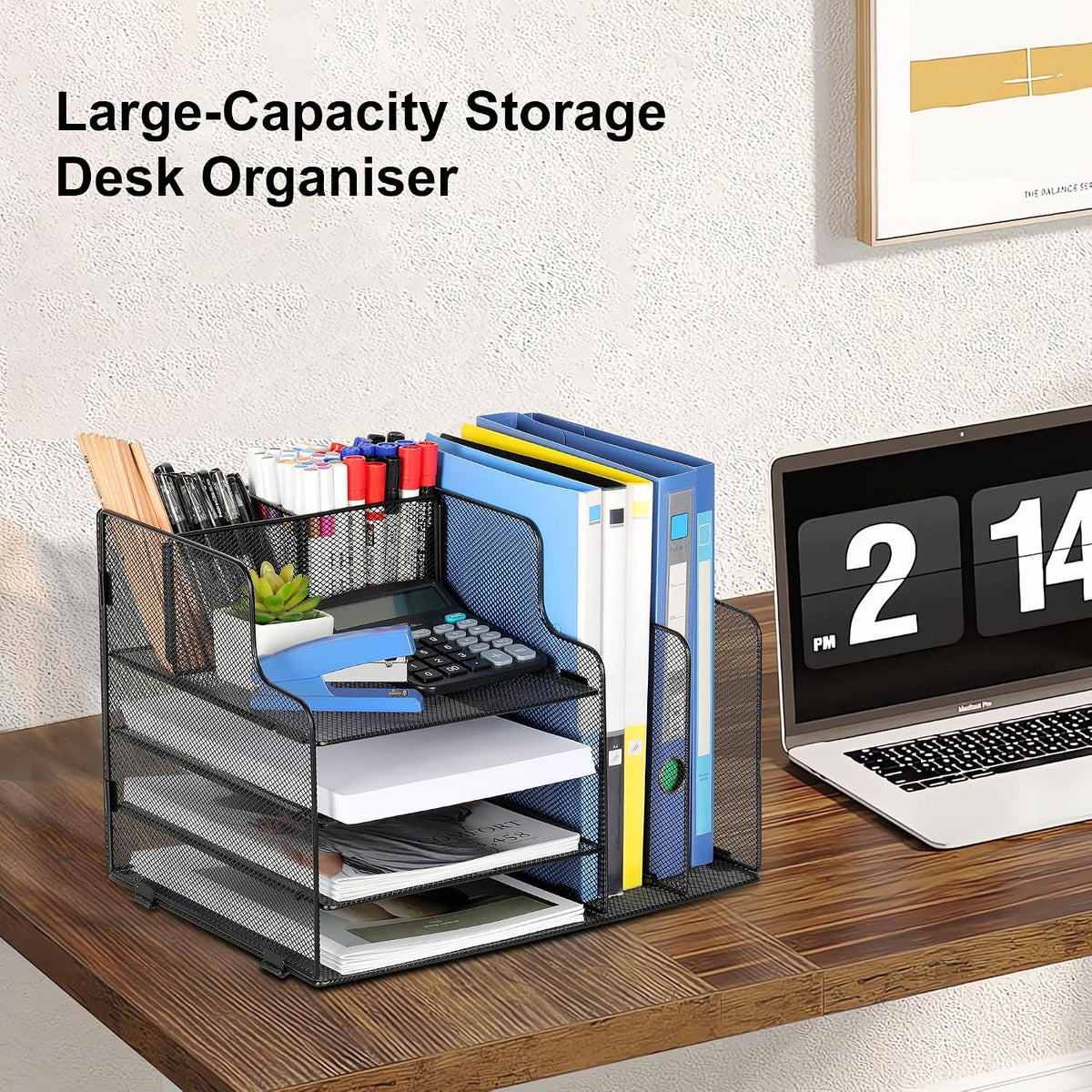 4-Tier Desk Organizer and Accessories with 2 File Holder Storage, Metal File Organizer for Desk with 2 Pen Holder, Office Organization for Paper, Document, Stationery Storage, Black