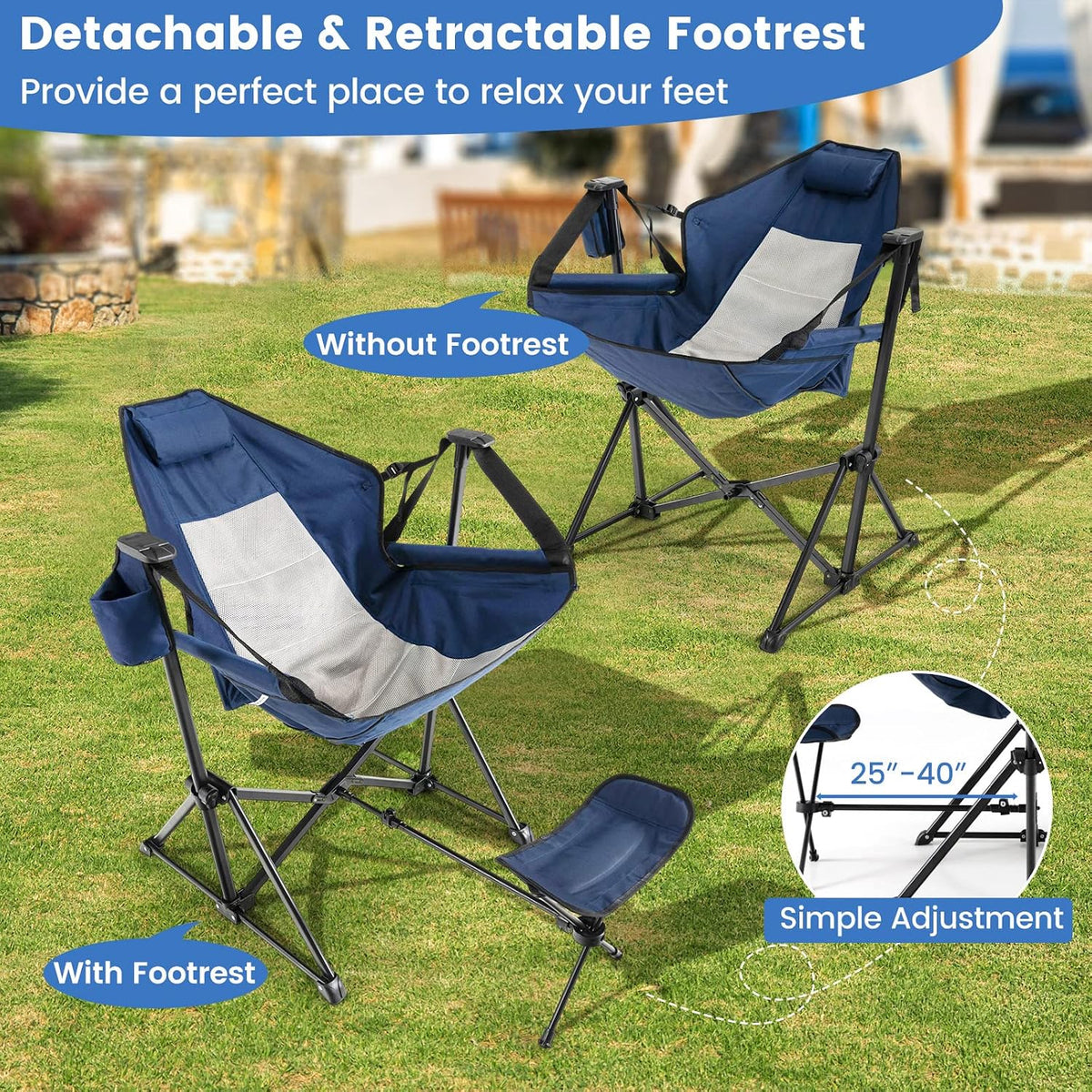 KOTEK Hammock Chair, Portable Camping Chair with Retractable Footrest, Adjustable Backrest, Headrest, Cup Holder & Carry Bag, Folding Rocking Chair for Outdoor Lawn Patio Travel Picnic Fishing (Navy)