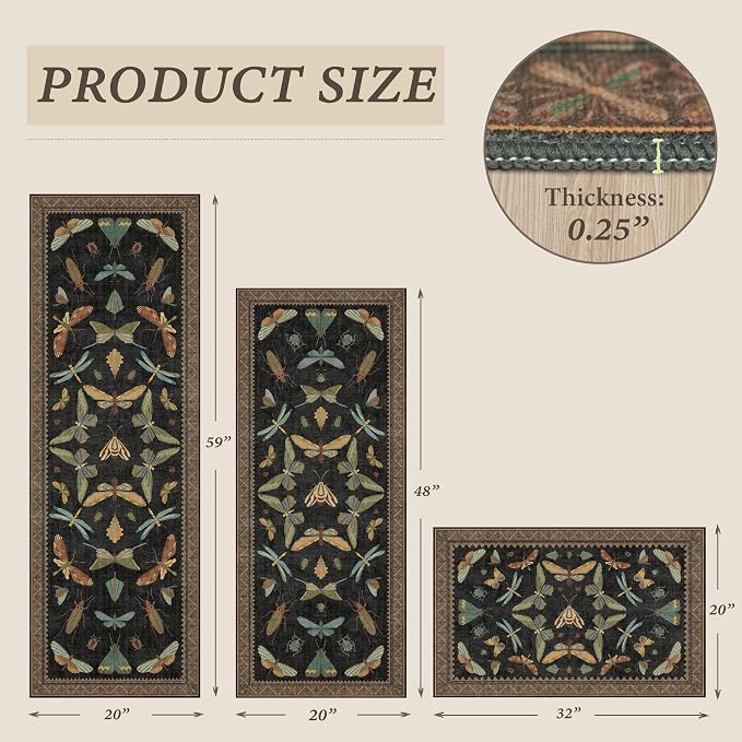 JTJ Insect Botanical Kitchen Rug Set 3 Piece, Vintage Whimsical Runner Rugs