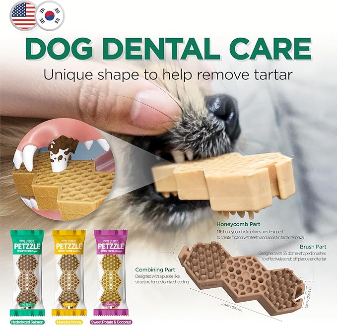 PETZZLE Honeycomb Dental Plus Dog Dental Chews, Treats, Dog Teeth Cleaning, Dental Care Snacks - Tartar & Breath Care Formula (Manuka Honey Flavor), 14 Treats (4.45 oz.)