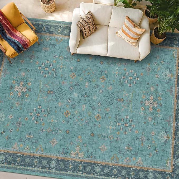 Large Boho 8x12 Teal Green Washable Living Room Rug
