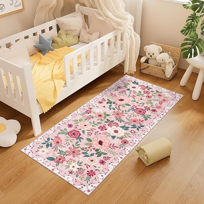 DUKINO 2x5 Runner Rug for Hallway, Washable Kitchen Floral Runner Rug