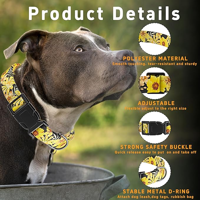 Adjustable Soft Pattern Pet Collar with Safety Buckle for Boys Girls and Puppies (Yellow Floral,M)