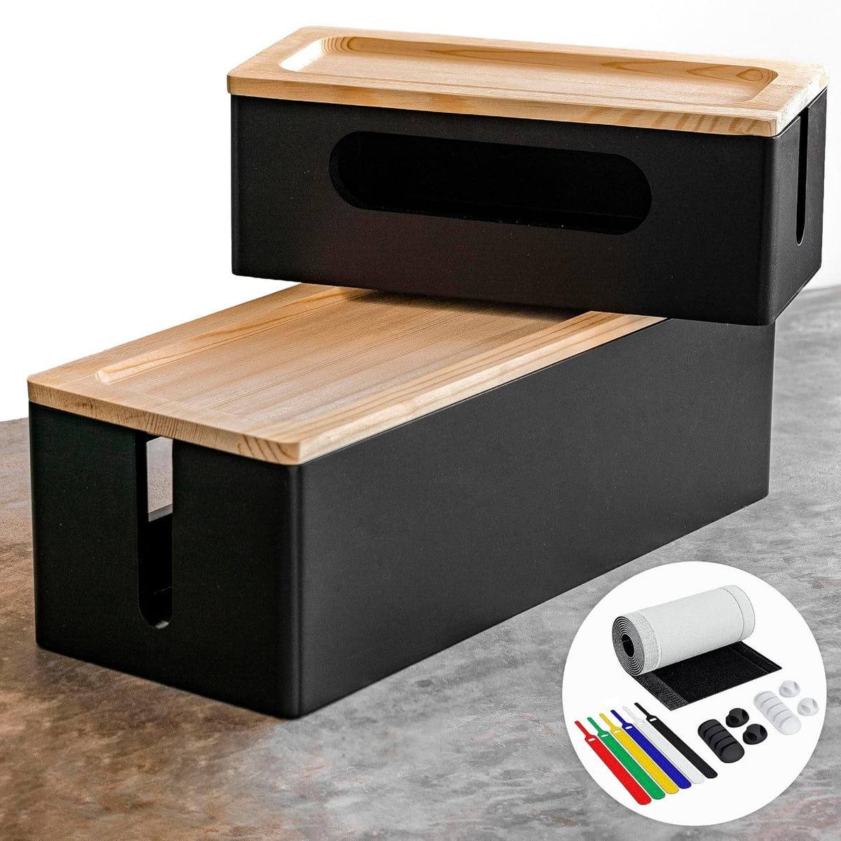 [Pack of 2] Wooden Cable Storage Box, Large Storage Stand for Desk, TV, Computer, USB Hub