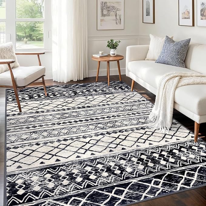 KUTA Morocca Area Rug 5x7 Black Navy Blue, Washable Boho Living Room Rugs