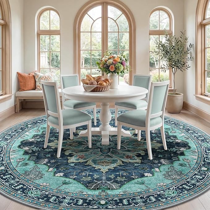 RELEANY Area Rugs Round 10ft Washable Non-Slip, Floral Vintage Distress