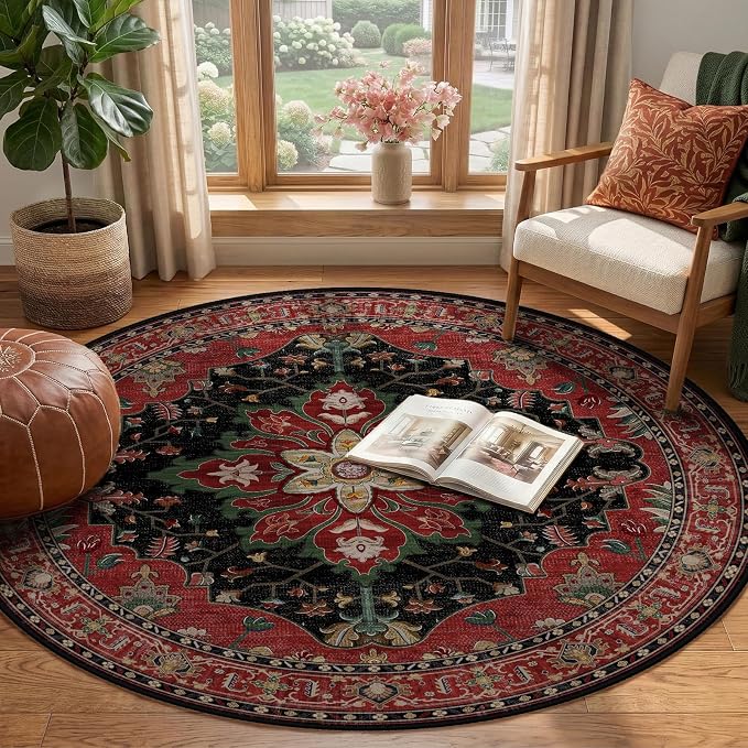 RELEANY Area Rugs Round 4ft Washable Non-Slip, Floral Vintage Distress