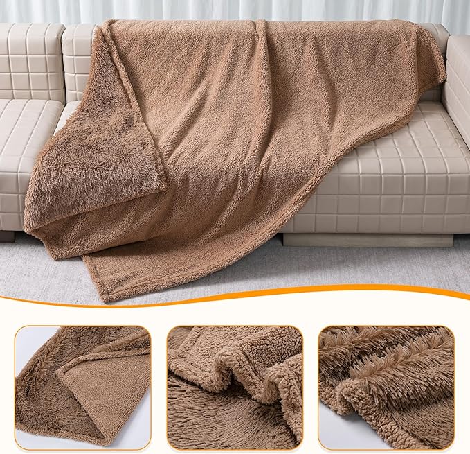 Brown Long Faux Fur Pet Throw Blankets Waterproof Dogs Calming Blanket Cat Puppy Couch Cover Love Bed Covers Washable (Brown,S)