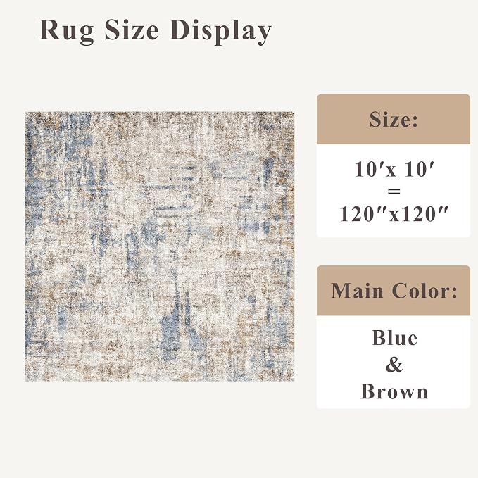 10x10 ft Square Living Room Rug – Washable Modern Abstract Area Rug