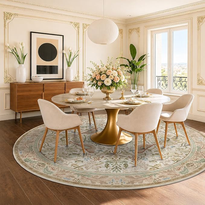 Vintage Beige 8ft Round Rug for Dining Room Under Kitchen Table