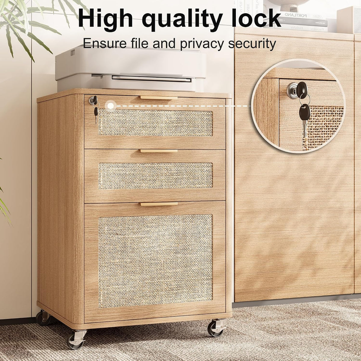 INNOD 3 Drawers Rattan Mobile File Cabinet with Lock, Rolling File Cabinet Printer Stand Table, Under Desk Wooden Filing Cabinets for Home Office Essentials Storage Organization Furniture Letters/A4