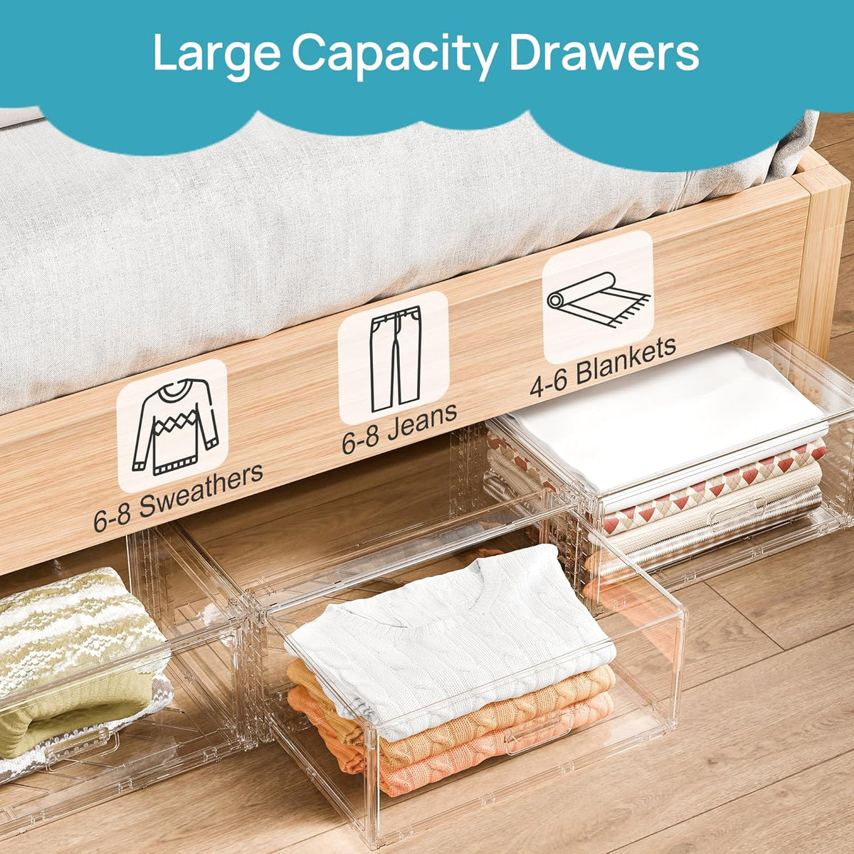 Vtopmart 2 Pack Large Clear Stackable Storage Drawers for Closet, 23QT