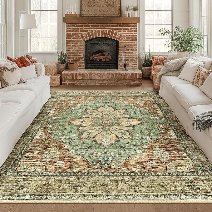 RELEANY Area Rugs Square 8ft Washable Non-Slip, Floral Vintage Distress