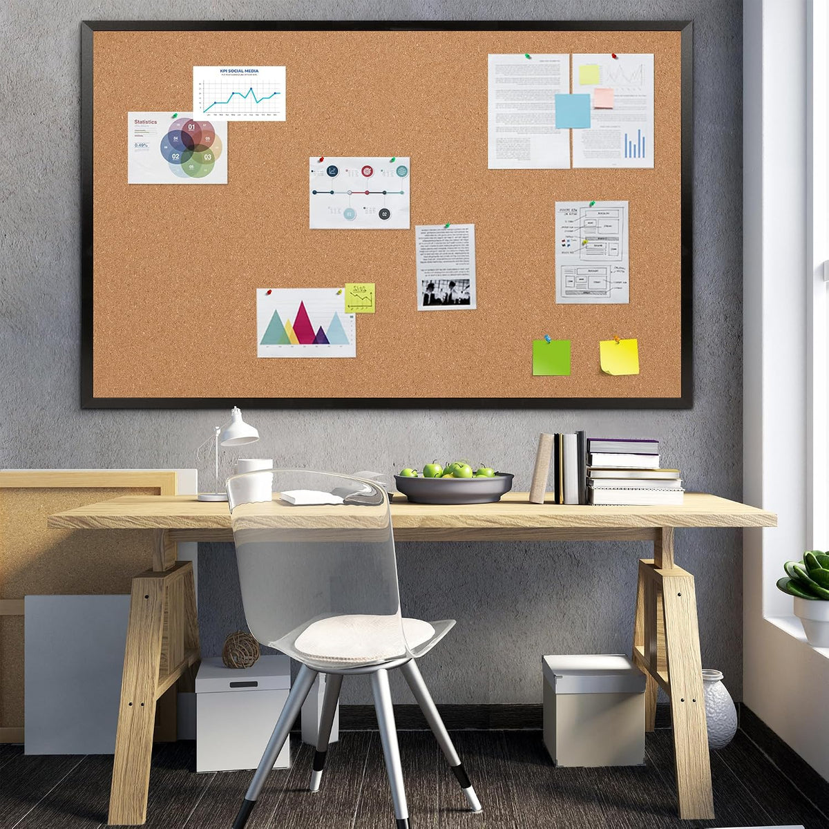 Extra Large Cork Bulletin Board 60" X 36", Black Wood Framed Corkboard for Wall, Wall Mounted Notice Pin Board with 18 Push Pins