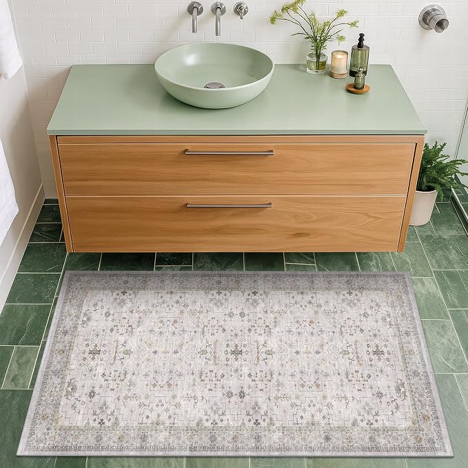 Light Grey Boho Bathroom Rug 2x4