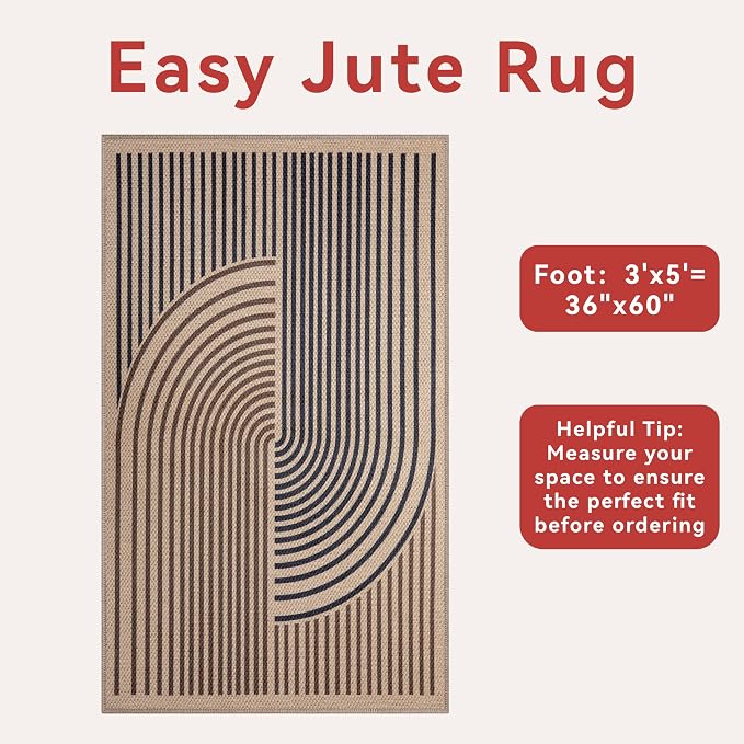 Tangsoo Easy Jute 3x5 Rug for Living Room, Non-Slip Thin Dark Brown Rainbow