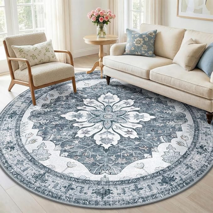 RELEANY Area Rugs Round 6ft Washable Non-Slip, Floral Vintage Distress