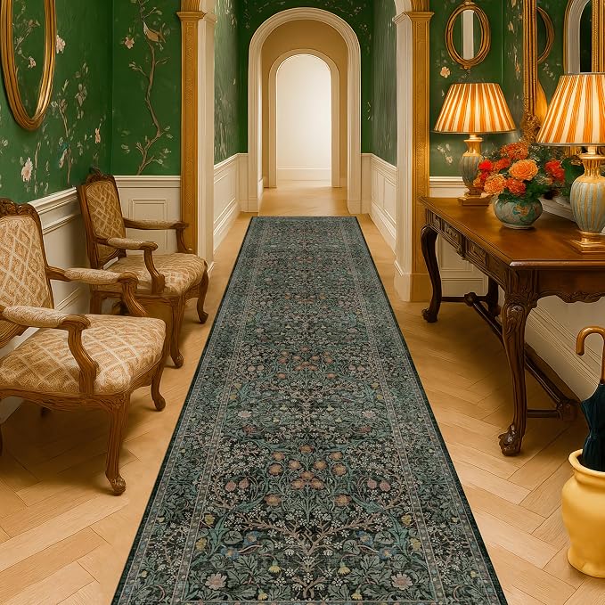 Dark Green Washable 3x16 Extra Long Runner Rug